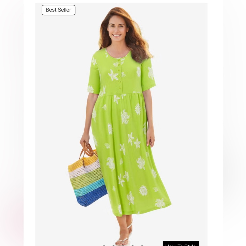 NWT Woman Within lime green white starfish sea turtle short sleeve knit dress 16